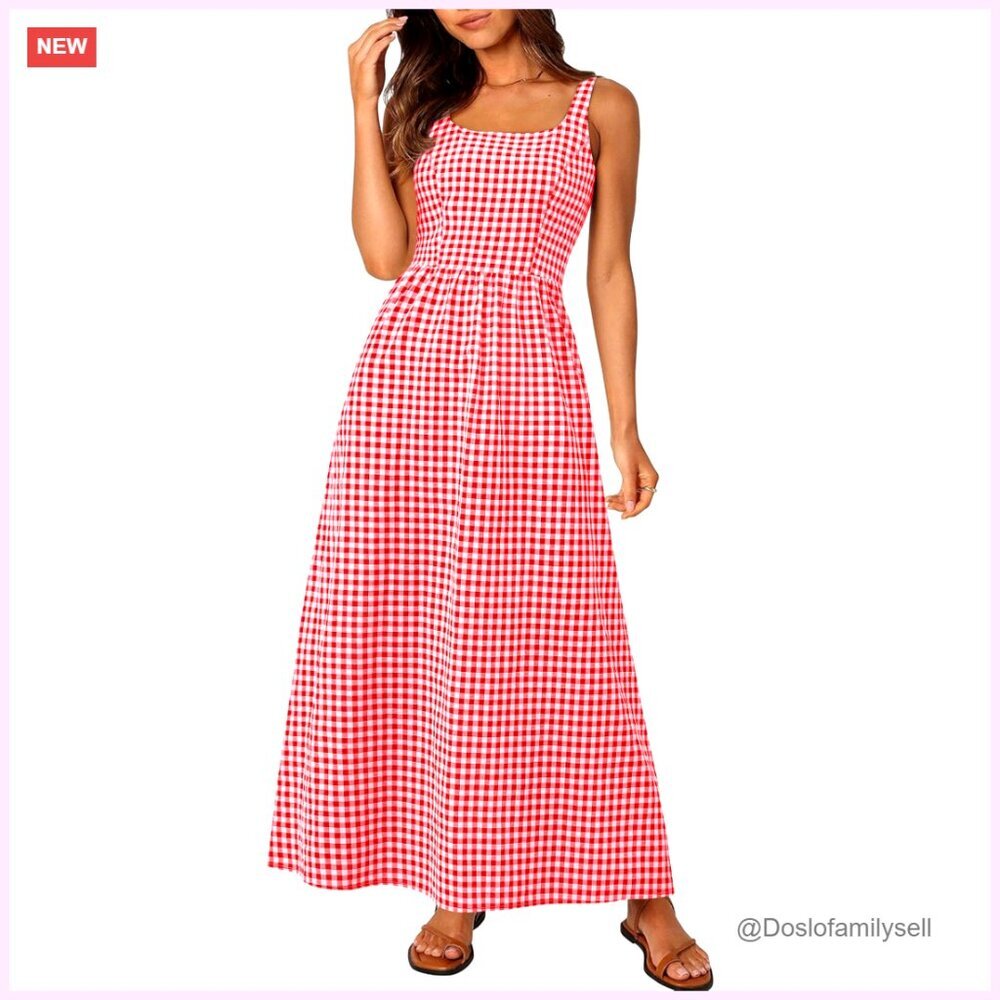 Spaghetti Strap Maxi Dress Plaid Square Neck A-Line Pockets Summer